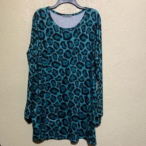 Arianna Top Blouse Tunic L XL Blue Green Black Animal Print PullOver Stretchy
